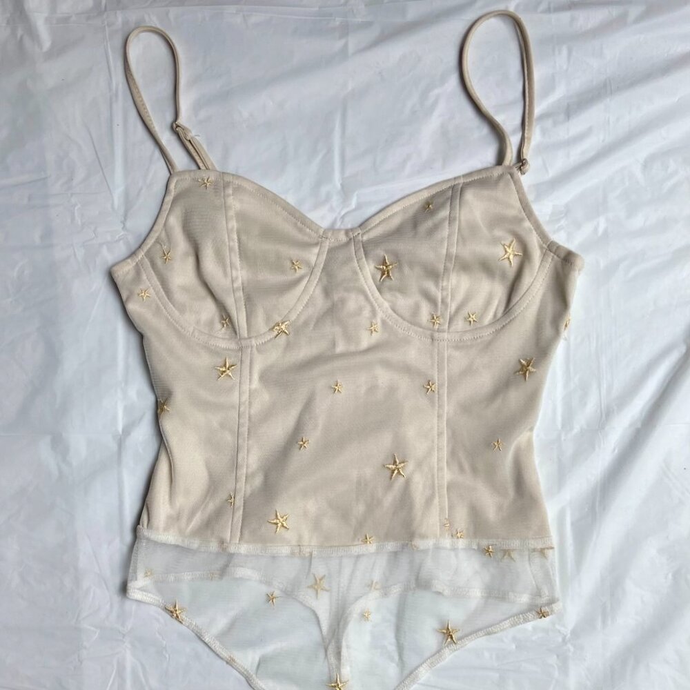beige and gold star embroidered bodysuit size medium